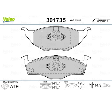 Sada brzdových destiček, kotoučová brzda VALEO 301735