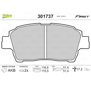 Sada brzdových destiček, kotoučová brzda VALEO 301737